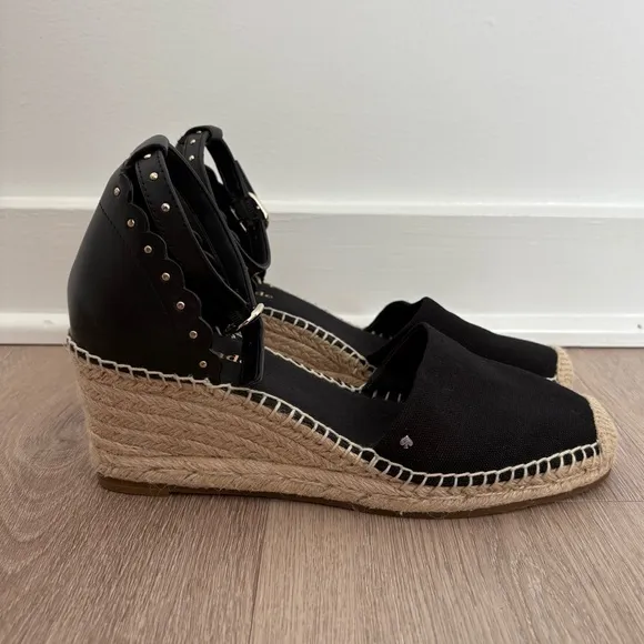 Kate Spade Womens Espadrille Wedge Palma Sandals Size 6 Black Canvas Tan Jute