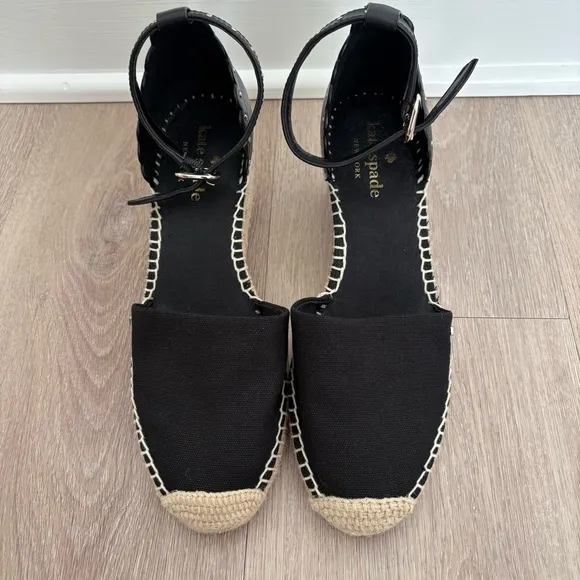 Kate Spade Womens Espadrille Wedge Palma Sandals Size 6 Black Canvas Tan Jute