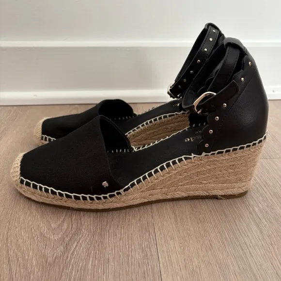 Kate Spade Womens Espadrille Wedge Palma Sandals Size 6 Black Canvas Tan Jute