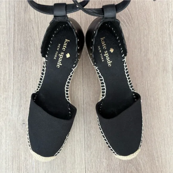 Kate Spade Womens Espadrille Wedge Palma Sandals Size 6 Black Canvas Tan Jute