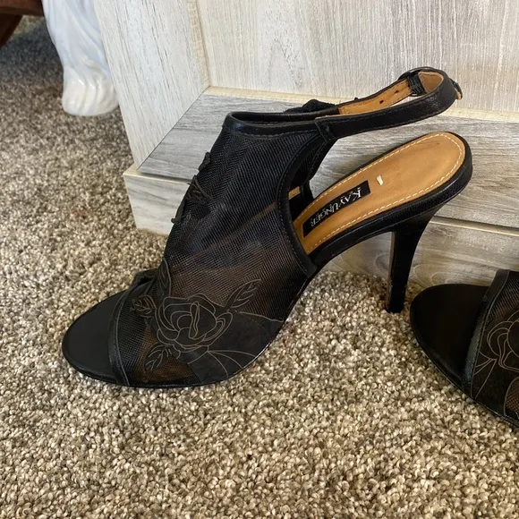 Kay Unger, Mesh &amp; Floral Leather Black Sandals Heels Platform Sexy