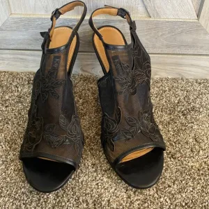 Kay Unger, Mesh &amp; Floral Leather Black Sandals Heels Platform Sexy