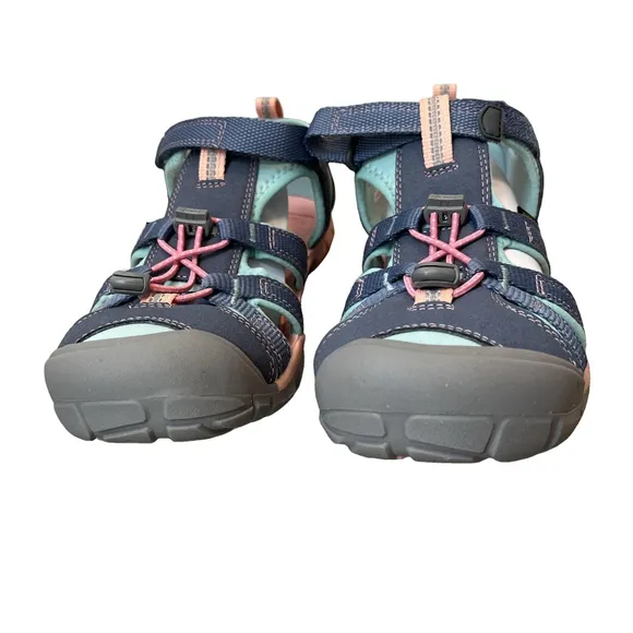 Keen Big Kids Youth Seacamp II CNX Sandals Size 6 Slate Blue with Aqua &amp; Pink