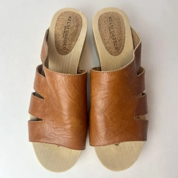 Kelsi Dagger Brooklyn Garden Heels Wood Clog Sandals Honey Tan Sz 7.5