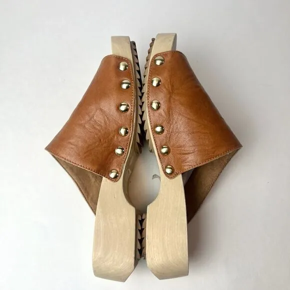 Kelsi Dagger Brooklyn Garden Heels Wood Clog Sandals Honey Tan Sz 7.5