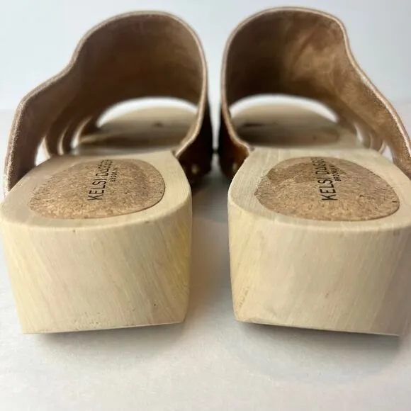 Kelsi Dagger Brooklyn Garden Heels Wood Clog Sandals Honey Tan Sz 7.5