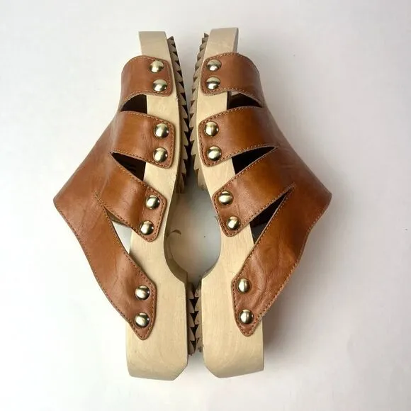Kelsi Dagger Brooklyn Garden Heels Wood Clog Sandals Honey Tan Sz 7.5