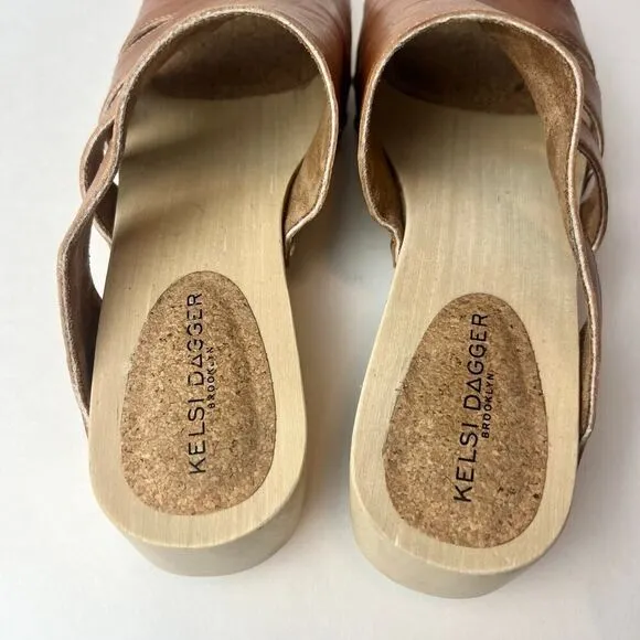Kelsi Dagger Brooklyn Garden Heels Wood Clog Sandals Honey Tan Sz 7.5