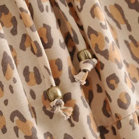 Khaki Leopard Print Boho Midi Skirt