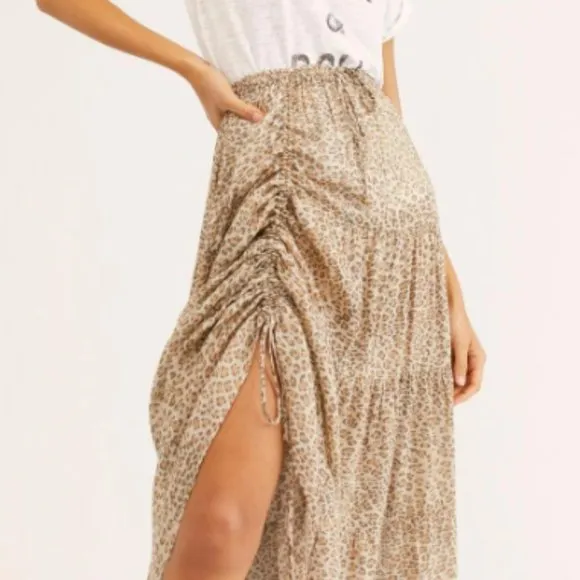 Khaki Leopard Print Boho Midi Skirt