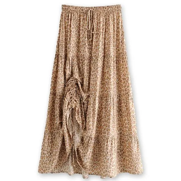 Khaki Leopard Print Boho Midi Skirt