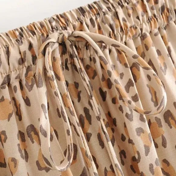 Khaki Leopard Print Boho Midi Skirt