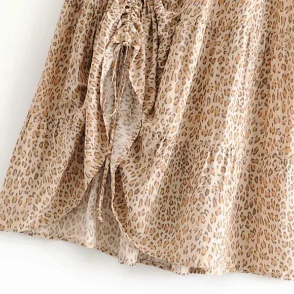 Khaki Leopard Print Boho Midi Skirt