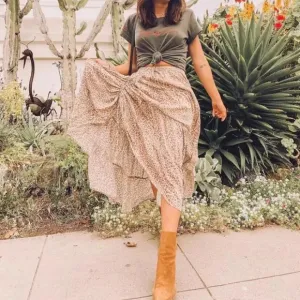 Khaki Leopard Print Boho Midi Skirt