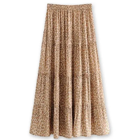 Khaki Leopard Print Boho Midi Skirt