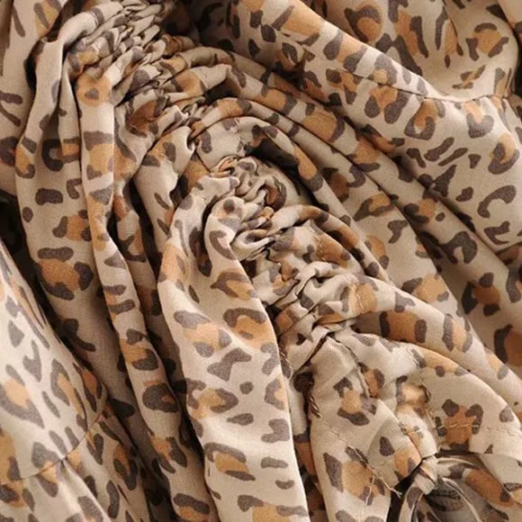 Khaki Leopard Print Boho Midi Skirt