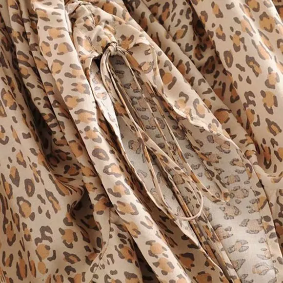 Khaki Leopard Print Boho Midi Skirt