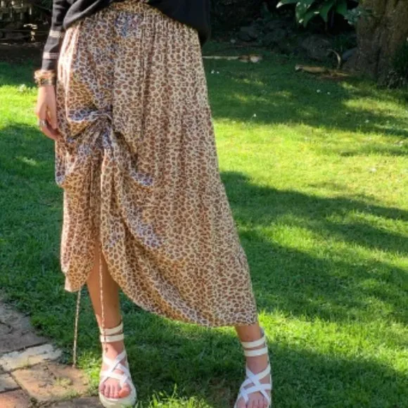 Khaki Leopard Print Boho Midi Skirt