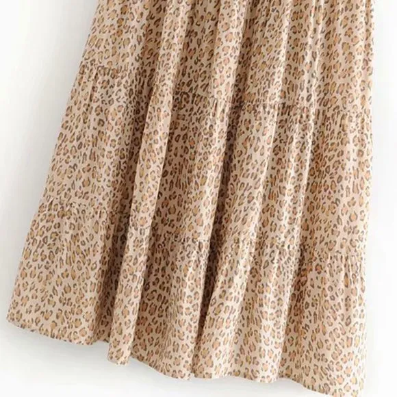 Khaki Leopard Print Boho Midi Skirt