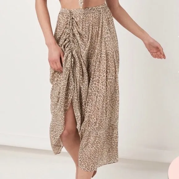 Khaki Leopard Print Boho Midi Skirt