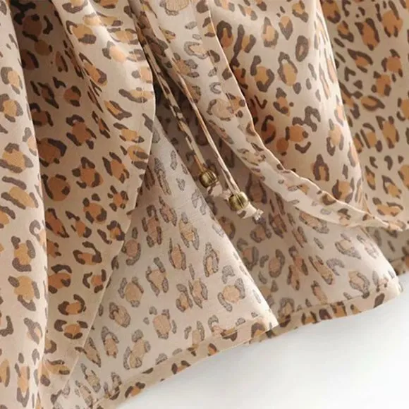 Khaki Leopard Print Boho Midi Skirt