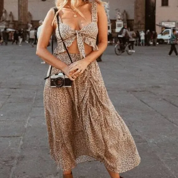 Khaki Leopard Print Boho Midi Skirt