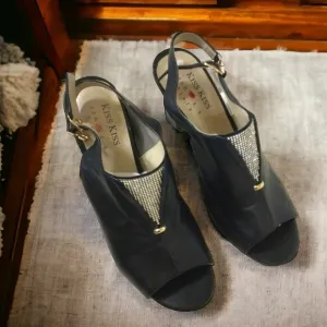 Kiss Kiss Italy Black Leather with‎ Rhinestones Peep Toe Sandals Size 7.5 NWOT