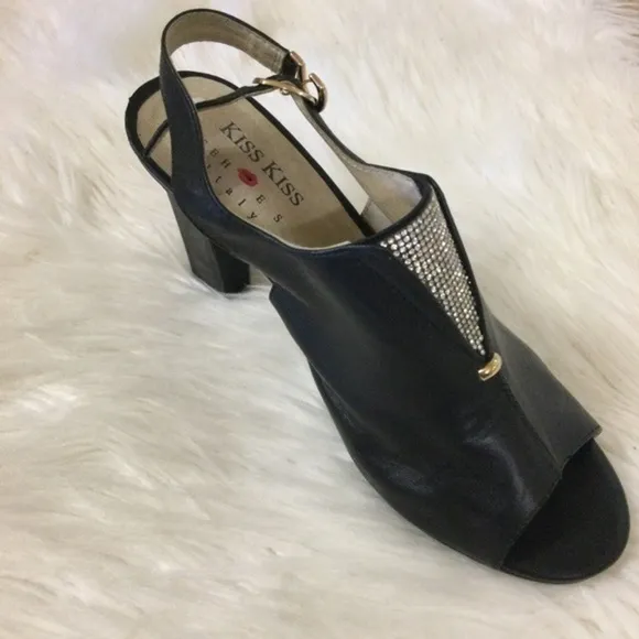 Kiss Kiss Italy Black Leather with‎ Rhinestones Peep Toe Sandals Size 7.5 NWOT