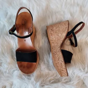 KJacques St Tropez Leather Wedge Sandals with High Cork Heel Adjustable Straps