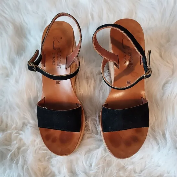 KJacques St Tropez Leather Wedge Sandals with High Cork Heel Adjustable Straps