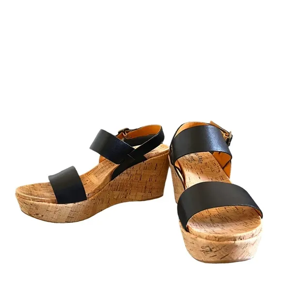 Kork-Ease Austin Leather Slingback Cork Wedge Sandals In Black Size 10