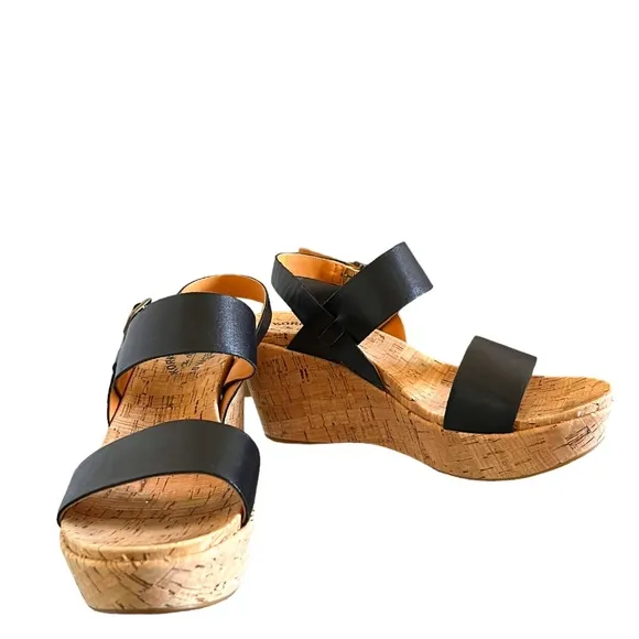 Kork-Ease Austin Leather Slingback Cork Wedge Sandals In Black Size 10