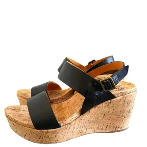 Kork-Ease Austin Leather Slingback Cork Wedge Sandals In Black Size 10