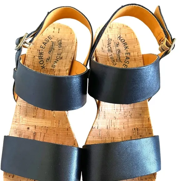 Kork-Ease Austin Leather Slingback Cork Wedge Sandals In Black Size 10