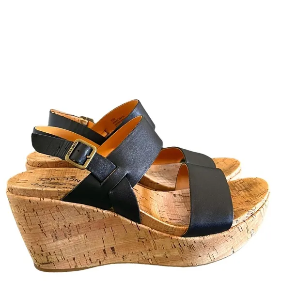 Kork-Ease Austin Leather Slingback Cork Wedge Sandals In Black Size 10