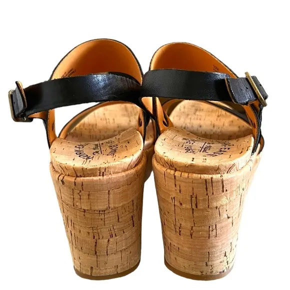 Kork-Ease Austin Leather Slingback Cork Wedge Sandals In Black Size 10