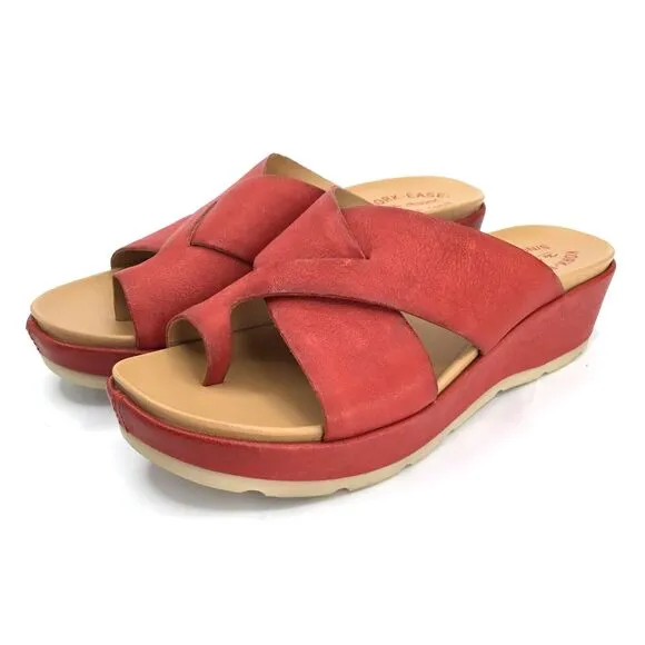 Kork-Ease Baja Sport Sandals Size 10 Red Leather Toe Loop Wedge Crisscross Upper