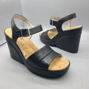 KORK EASE Bardot Sz 9/ 40 Sandals Platform Wedge Leather Black Ankle Strap New