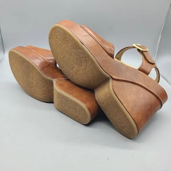 KORK EASE Bardot Sz 9/ 40 Sandals Platform Wedge Leather Brown Ankle Strap New