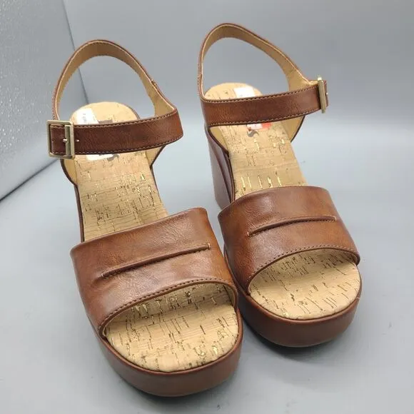 KORK EASE Bardot Sz 9/ 40 Sandals Platform Wedge Leather Brown Ankle Strap New