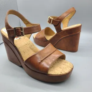 KORK EASE Bardot Sz 9/ 40 Sandals Platform Wedge Leather Brown Ankle Strap New