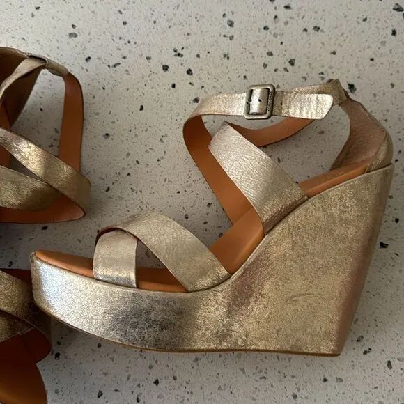 'Kork-Ease Grailey' Leather Gold Metallic Crisscross Strap Wedge Sandals Size 10