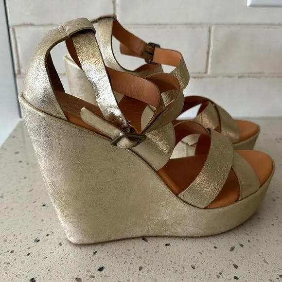 'Kork-Ease Grailey' Leather Gold Metallic Crisscross Strap Wedge Sandals Size 10