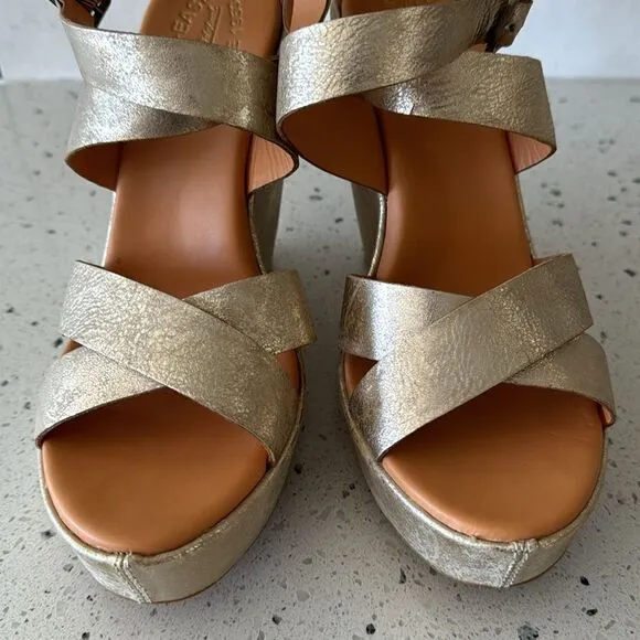 'Kork-Ease Grailey' Leather Gold Metallic Crisscross Strap Wedge Sandals Size 10