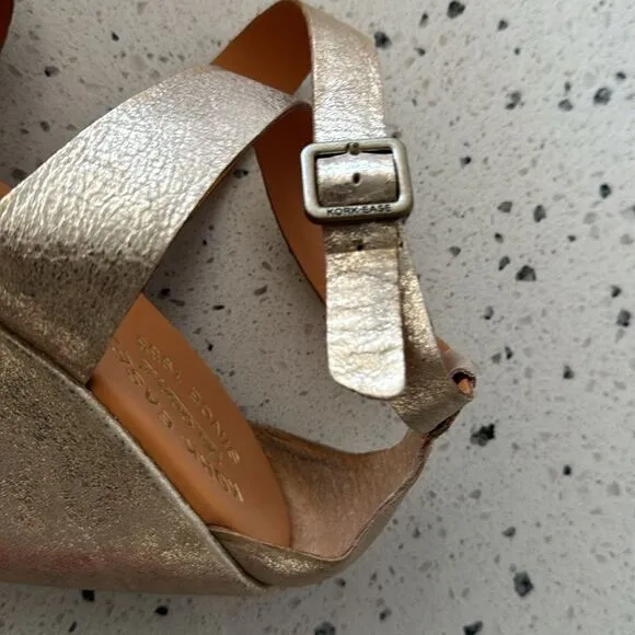 'Kork-Ease Grailey' Leather Gold Metallic Crisscross Strap Wedge Sandals Size 10