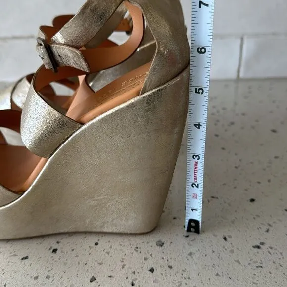 'Kork-Ease Grailey' Leather Gold Metallic Crisscross Strap Wedge Sandals Size 10