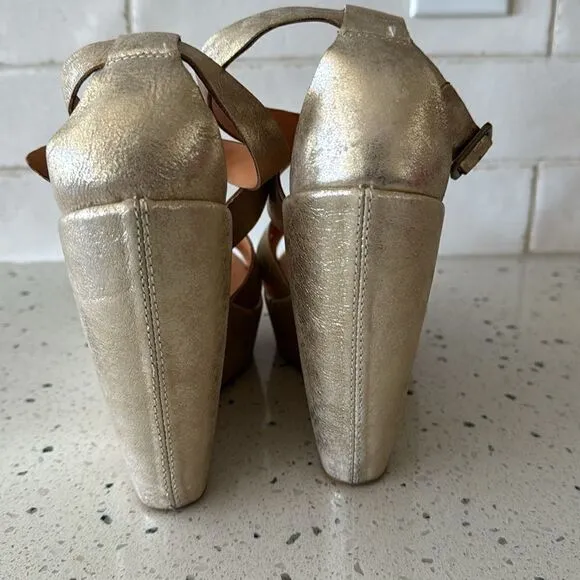 'Kork-Ease Grailey' Leather Gold Metallic Crisscross Strap Wedge Sandals Size 10