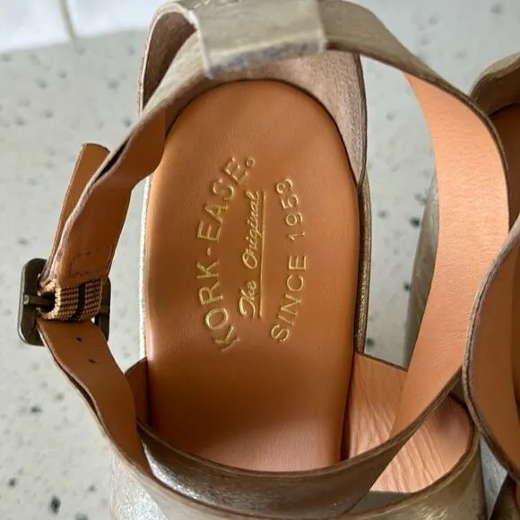 'Kork-Ease Grailey' Leather Gold Metallic Crisscross Strap Wedge Sandals Size 10