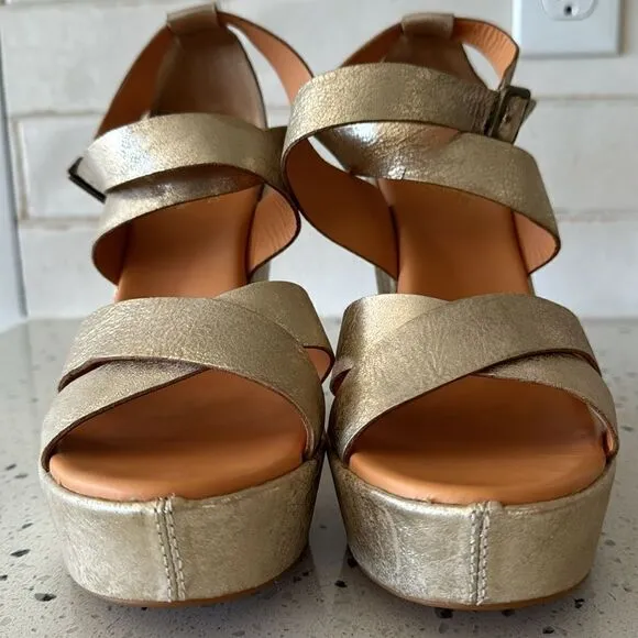'Kork-Ease Grailey' Leather Gold Metallic Crisscross Strap Wedge Sandals Size 10
