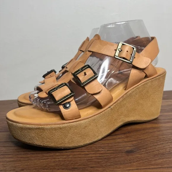 Kork Ease Magdelena Platform Leather Buckle Wedge Sandals Sz 8 Earthy Neutral